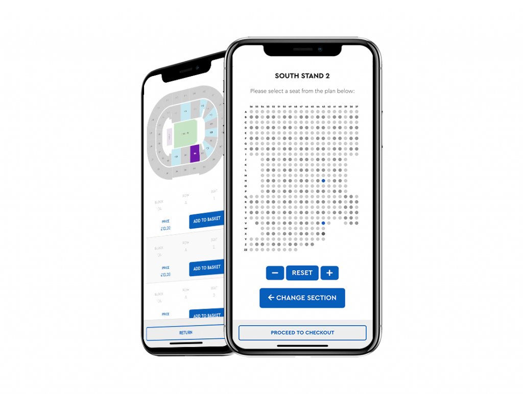 Interactive seat map and seat picker displayed on an iPhone screen